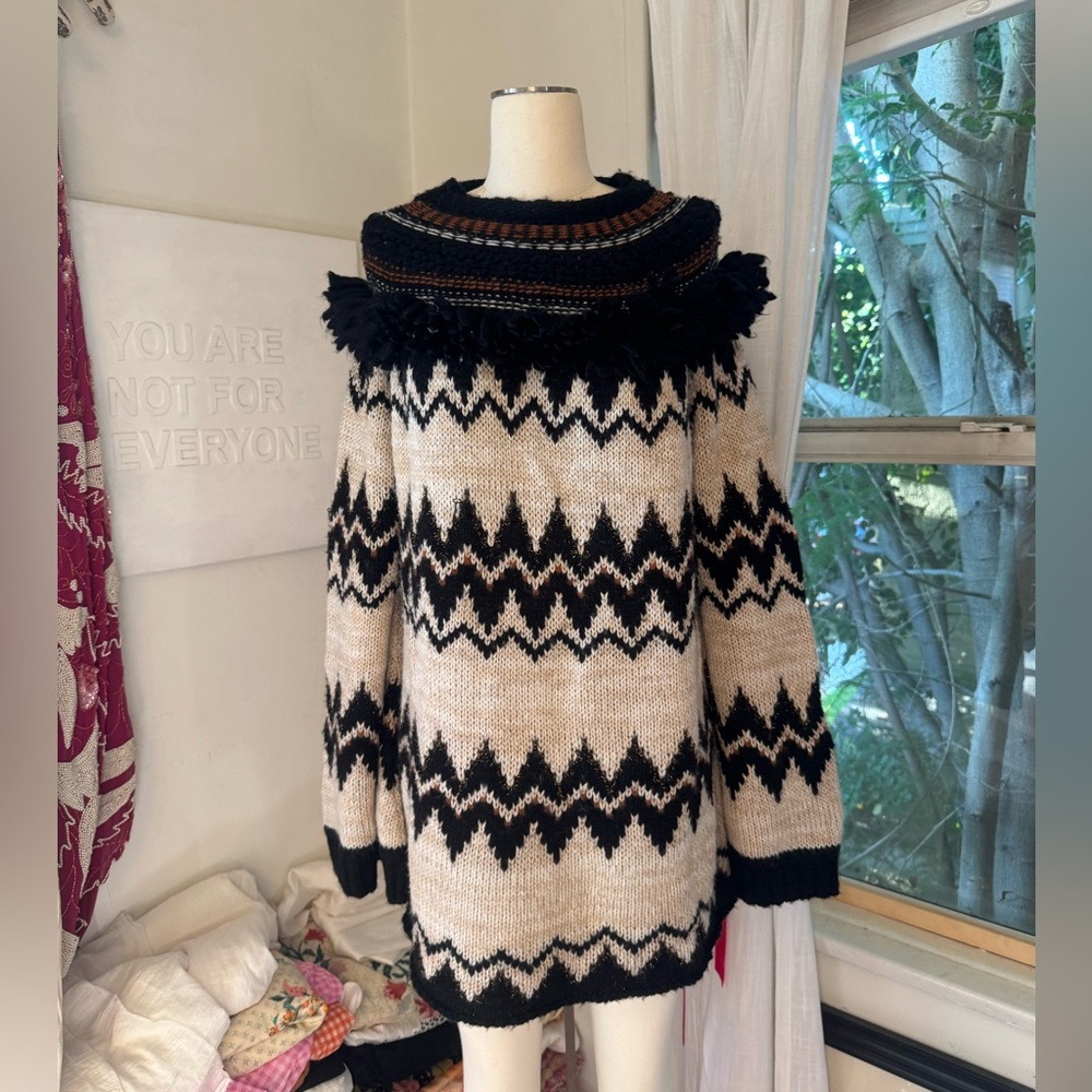 Vintage Bold Fringe Southwest Aztec Zigzag Pattern Chunky Knit Pullover Sweater - Picture 1 of 5